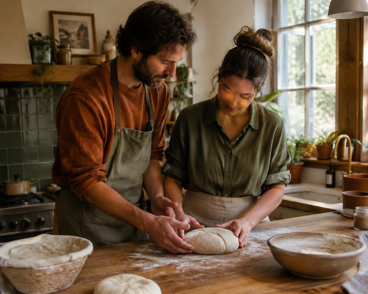 A local baker showing how sourdough is made in a home kitchen