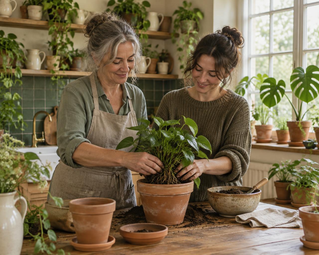 A neighbour showing someone how to repot a houseplant at a kitchen table